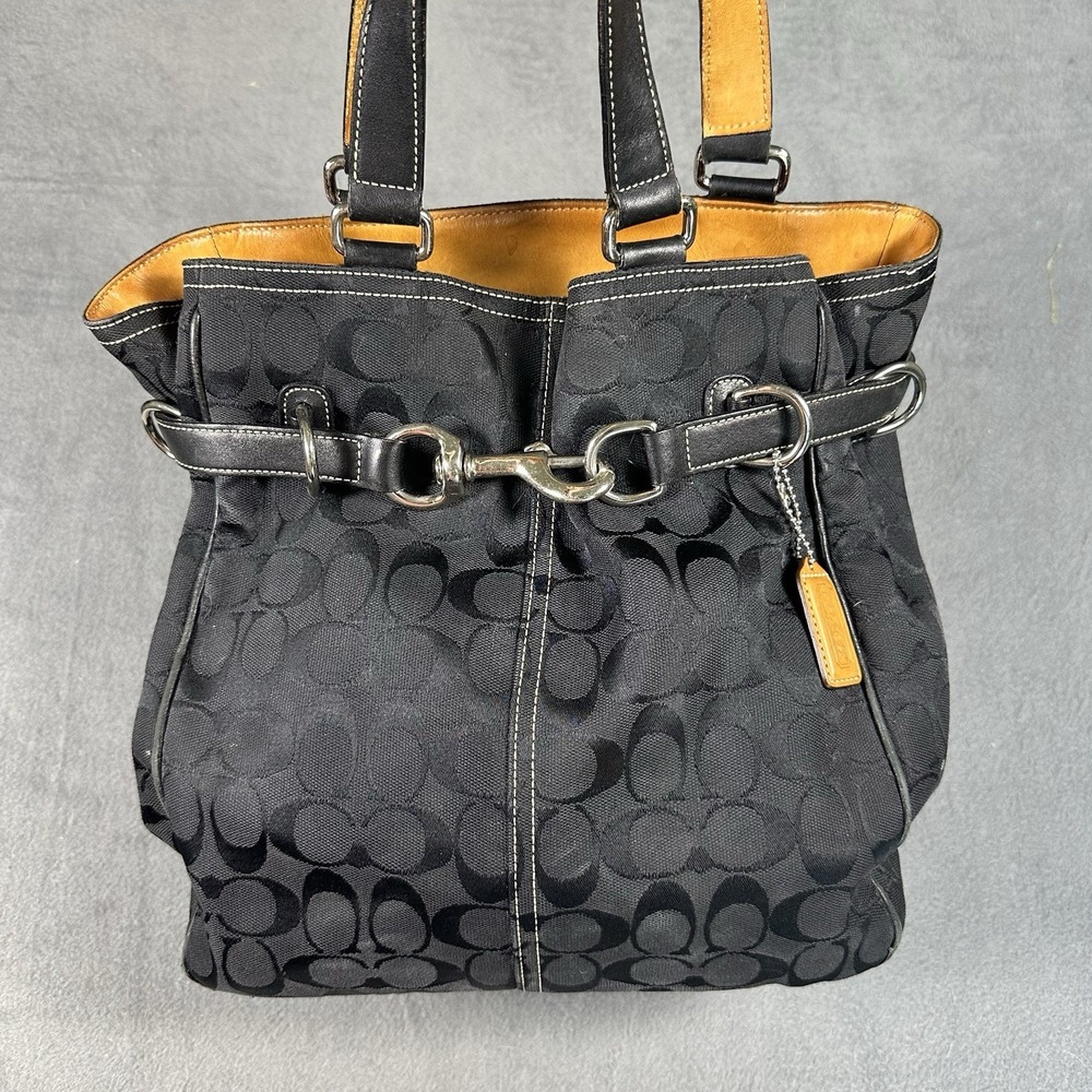 Coach Hampton Signature Belted Carryall Tote Black Jacquard Cognac Y2K 2004